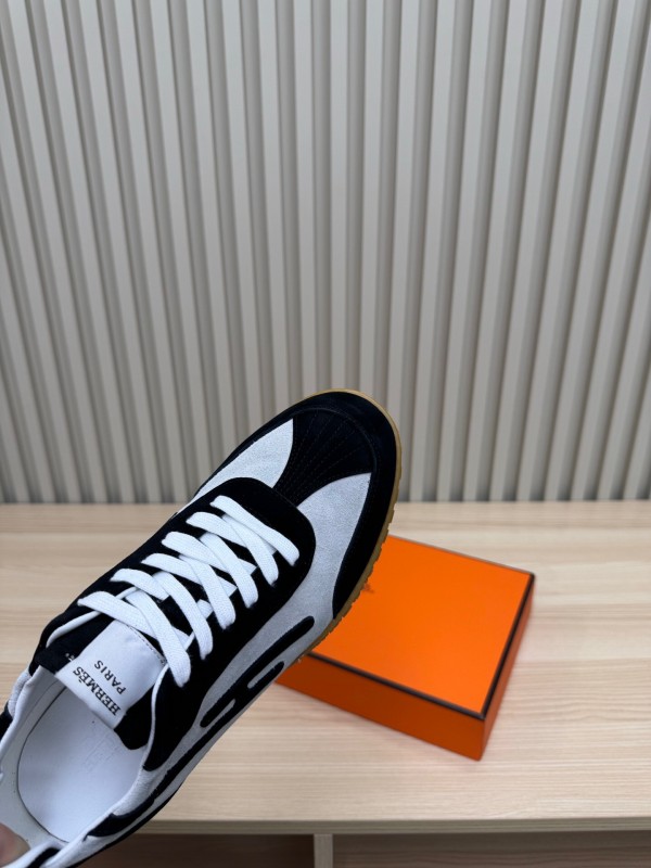 2025 Unisex Hermès Black White Suede Goat Leather Sneakers Top Version LY00310