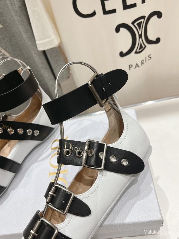 2025 Women Dior White Black Leather Mary Jane Buckle Ballerina KFY00320
