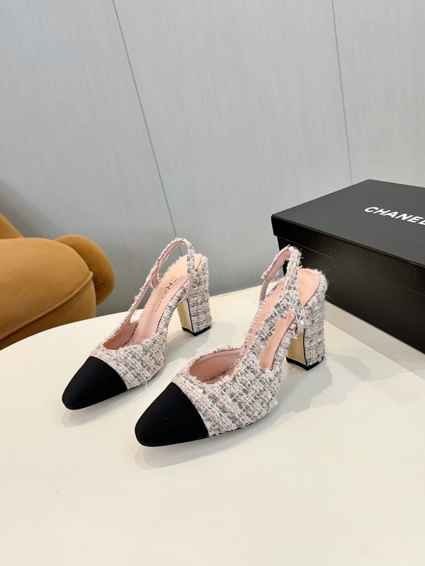2025 Women Chanel Black White Tweed Leather Slingback Block Heel LY00270