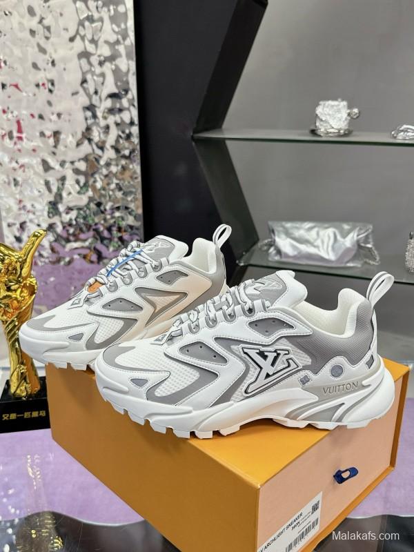 2025 Men Louis Vuitton White Grey Mesh Leather Sneakers MJ00420