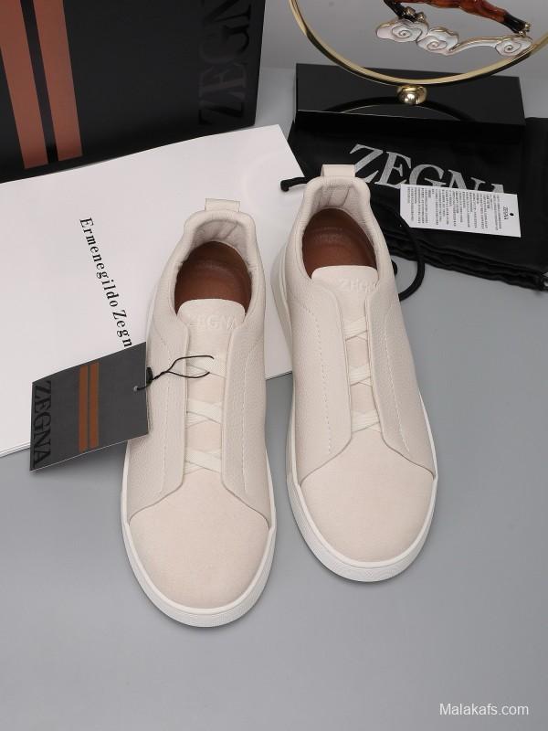 2024 Unisex Ermenegildo Zegna White Leather Suede Sneakers MJ00240