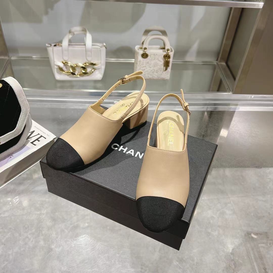 2025 Women Chanel Beige Black Leather Slingback Block Heel LY00300
