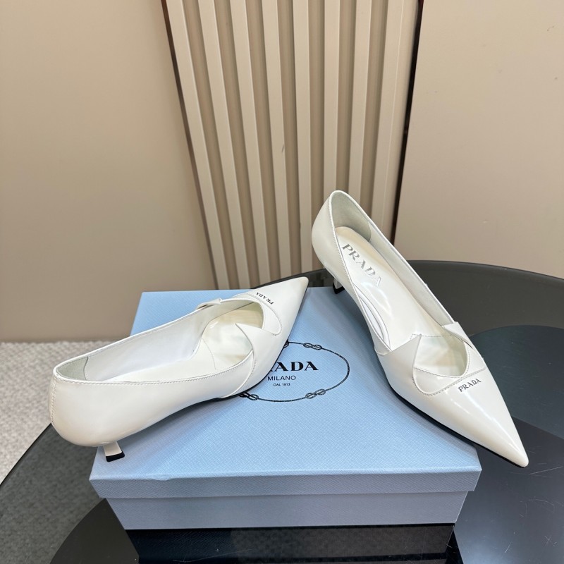 2025 Women Prada White Leather Pointed Toe Kitten Heel Pumps KFY00310