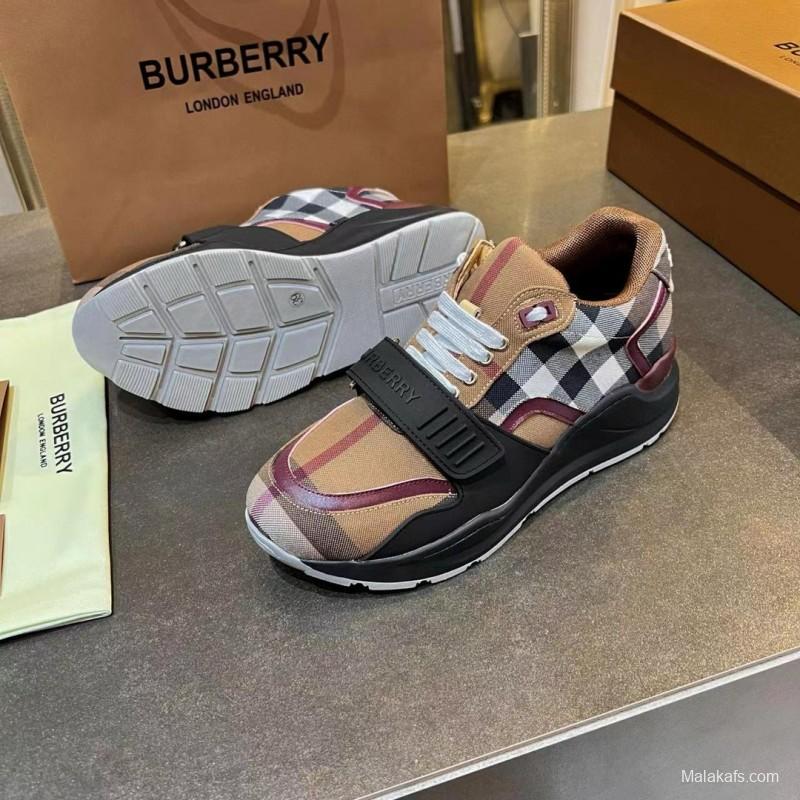 2025 Unisex Burberry Beige Black White Cotton Calfskin Suede Sneakers Vintage Pattern MJ00360(F)