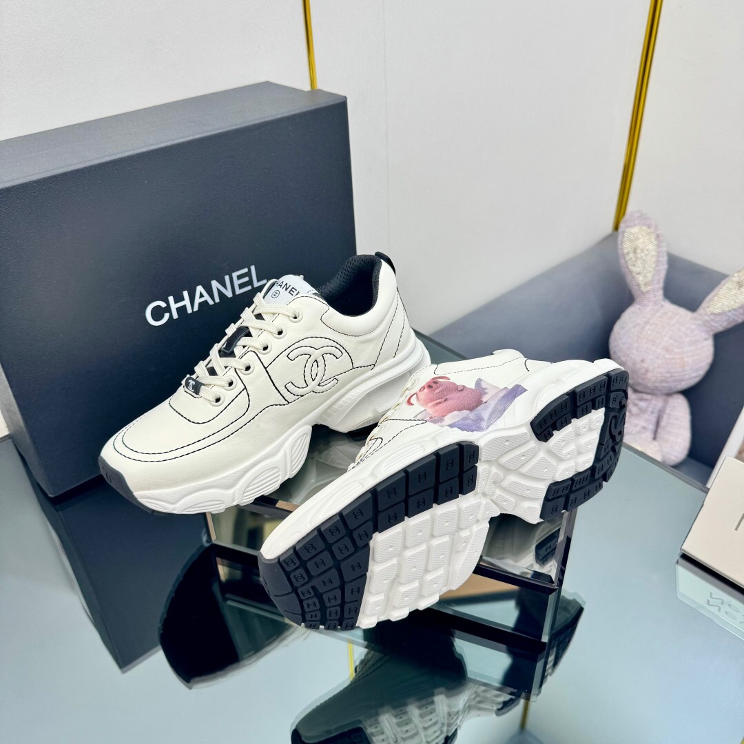 2025 Women Chanel White Leather Sneakers