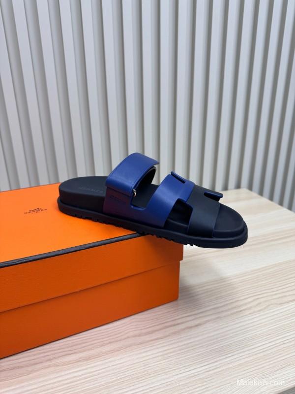 2025 Slippers Hermès Blue Black Leather Slippers
