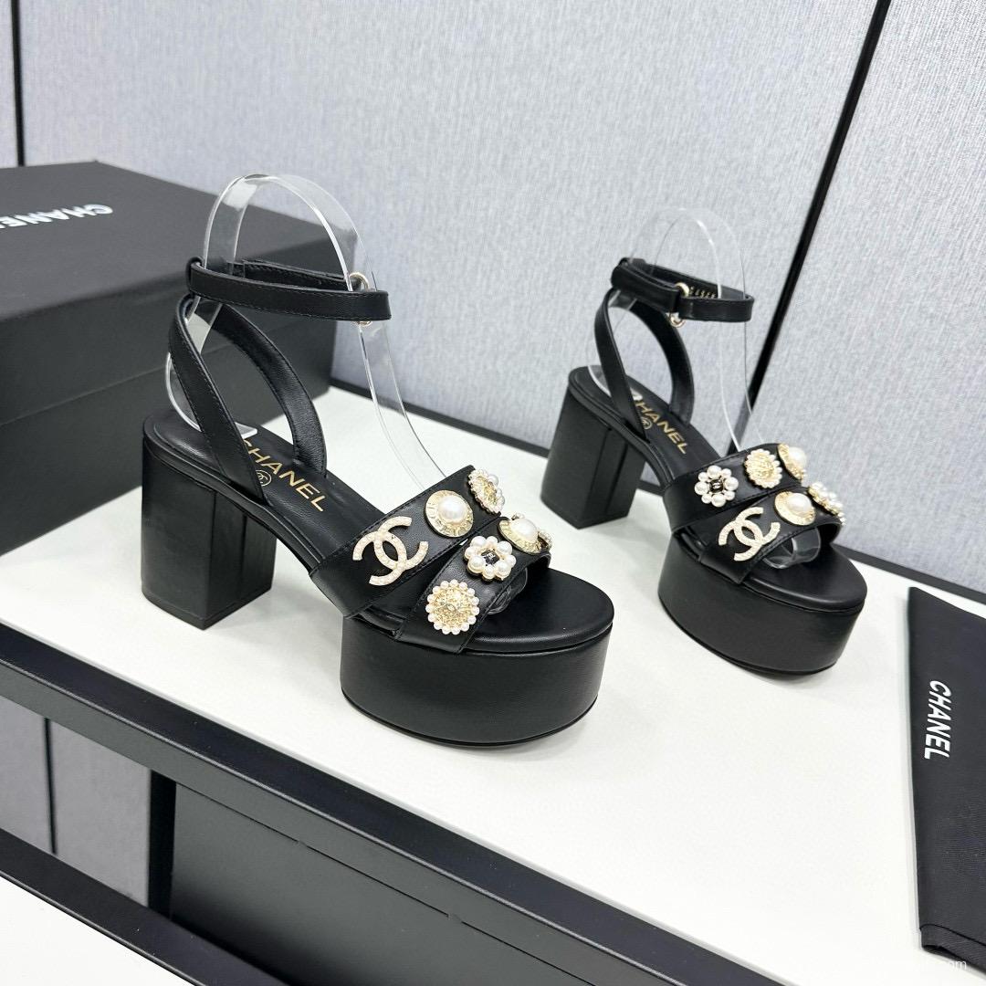 2025 Women Chanel Black Leather Platform Sandals MJ00310