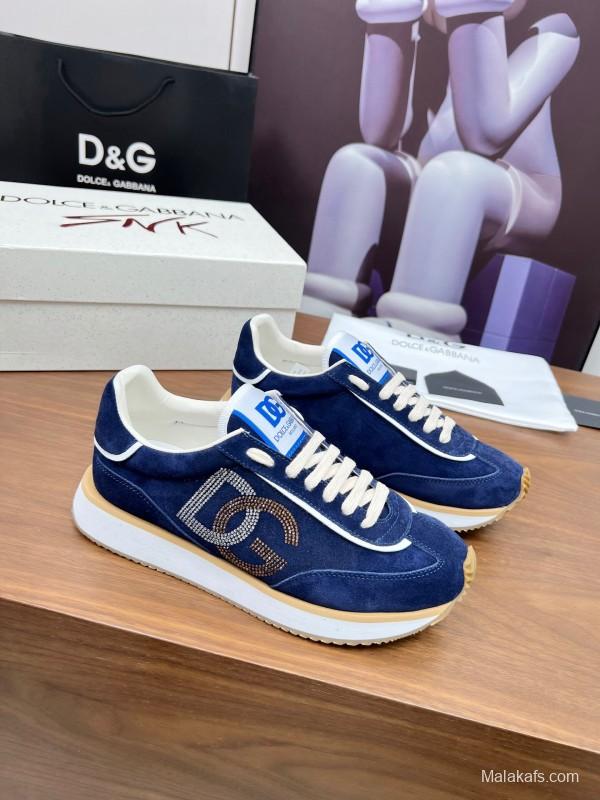2025 Men Dolce & Gabbana Blue Suede Leather Sneakers LY00300