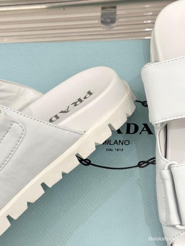 2025 Women Prada White Leather Slippers KFY00240