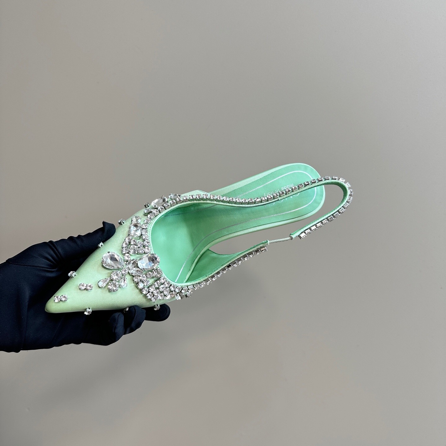 2025 Women Gucci Green Satin Slingback High Heel Crystal Embellished KFY00340