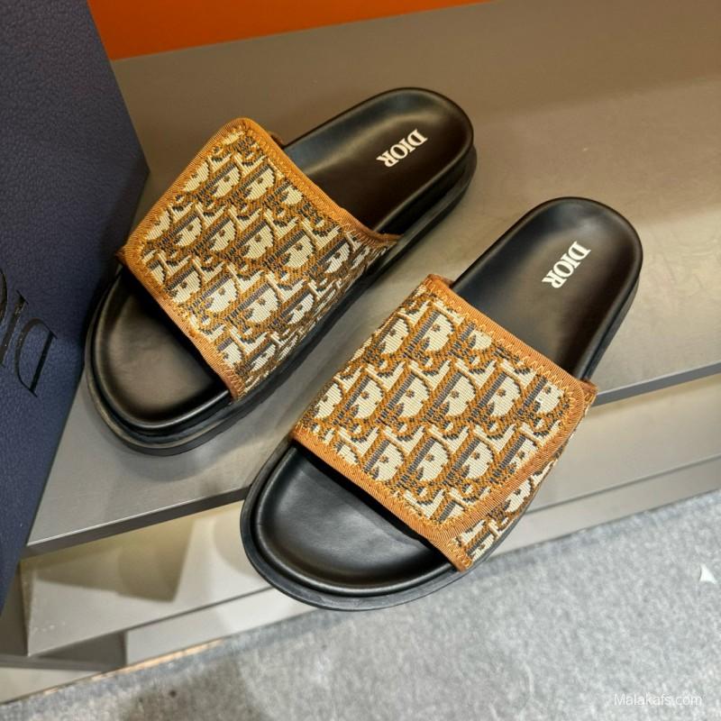 2024 Slippers Dior brown beige jacquard leather Slippers MJ00180