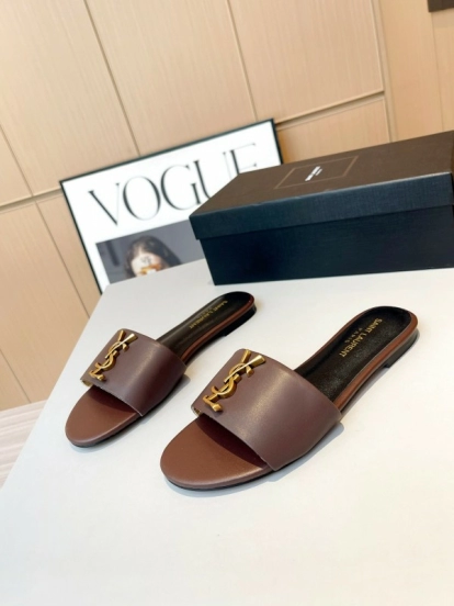 2025 Women Yves Saint Laurent Brown Leather Slippers LY00180