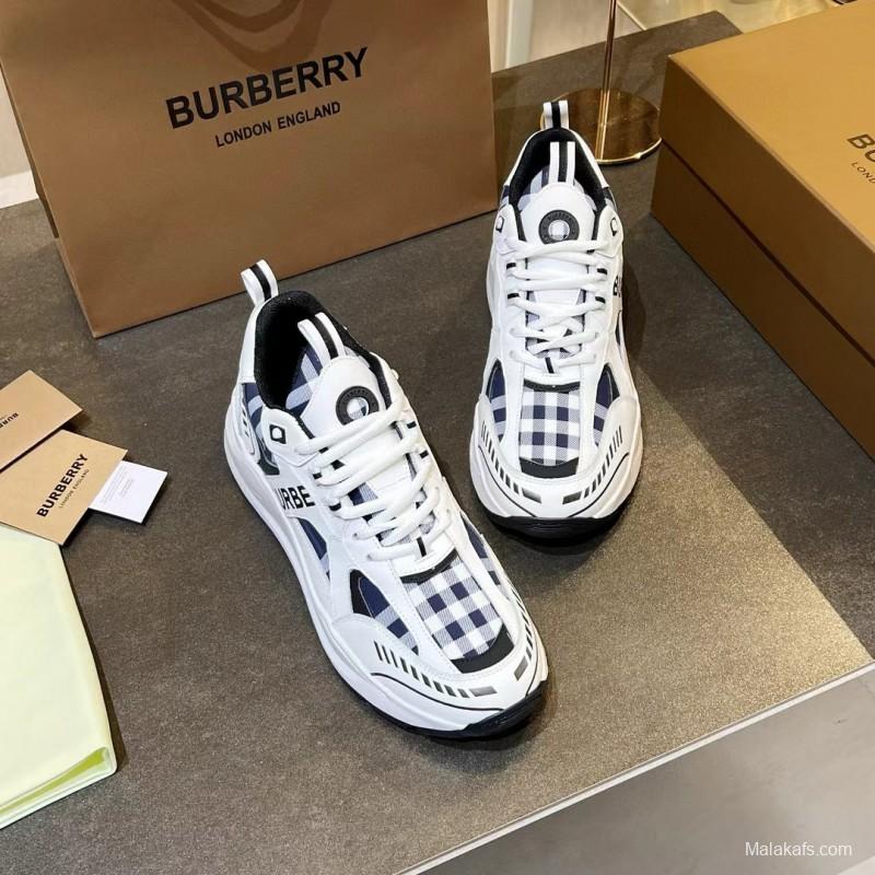2025 Unisex Burberry White Blue Suede Leather Sneakers Vintage Check MJ00380