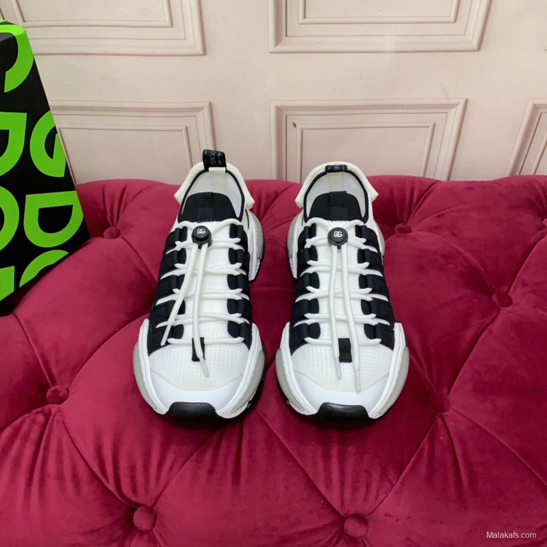2025 Unisex Dolce & Gabbana Black White Mesh Leather Sneakers LY00340