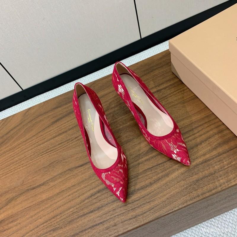 2025 Women Gianvito Rossi Red Lace Leather Pumps KFY00280