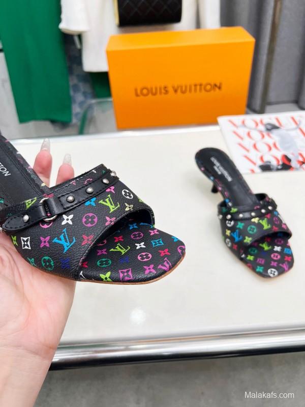 2025 Women Louis Vuitton Multicolor Leather Heeled Mules LY00260