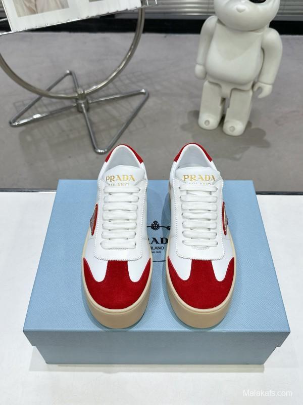 2025 Women Prada White Red Suede Leather Sneakers