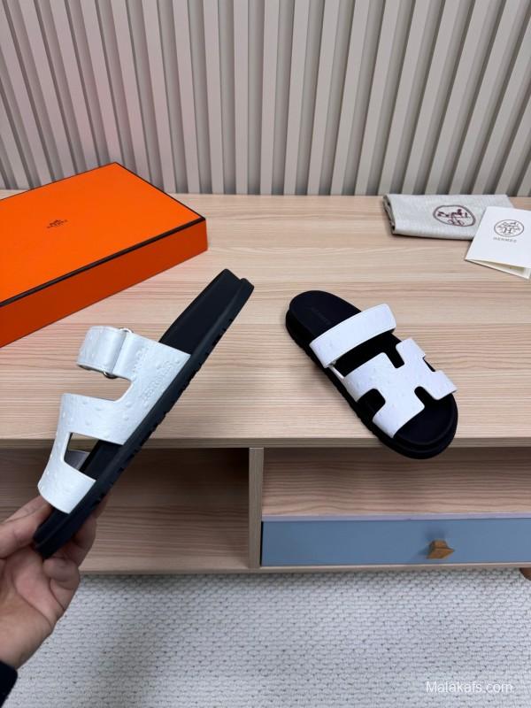 2025 Slippers Hermès Black White Leather Slippers