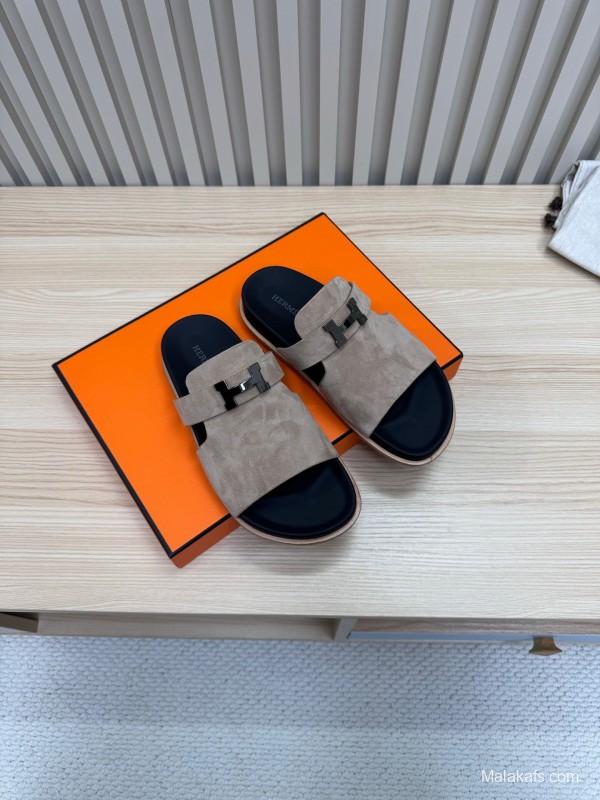 2025 Slippers Hermès Sand Beige Suede Double Strap