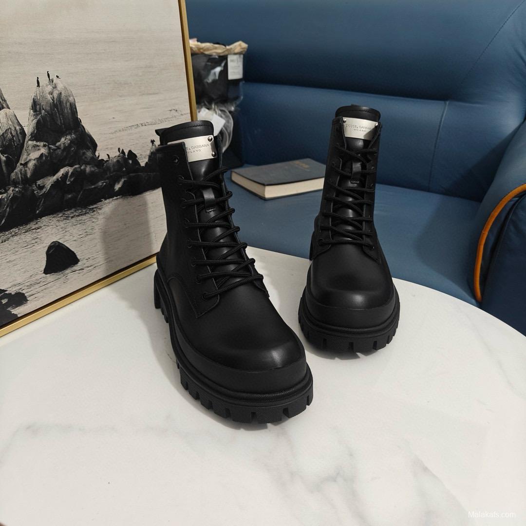 2024 Unisex Dolce & Gabbana Black Leather Combat Boots