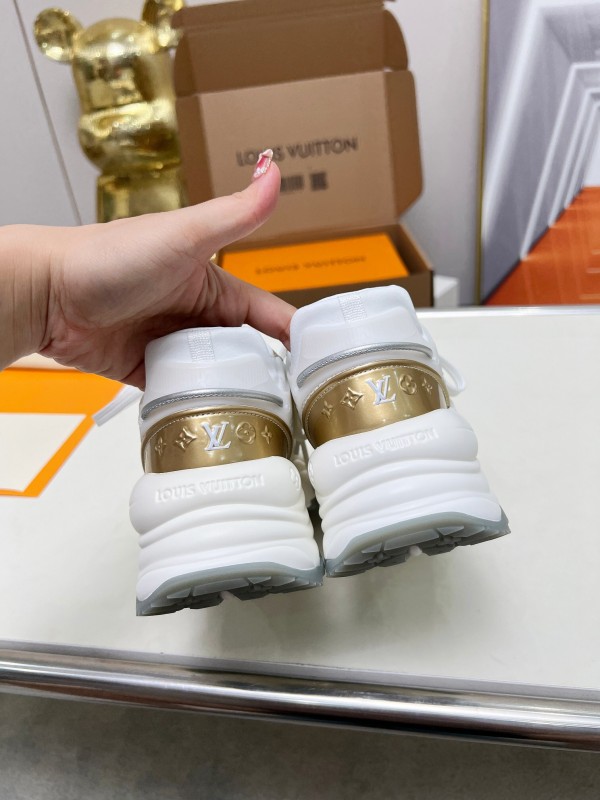 2025 Women Louis Vuitton White Gold Leather Mesh Sneakers LY00340