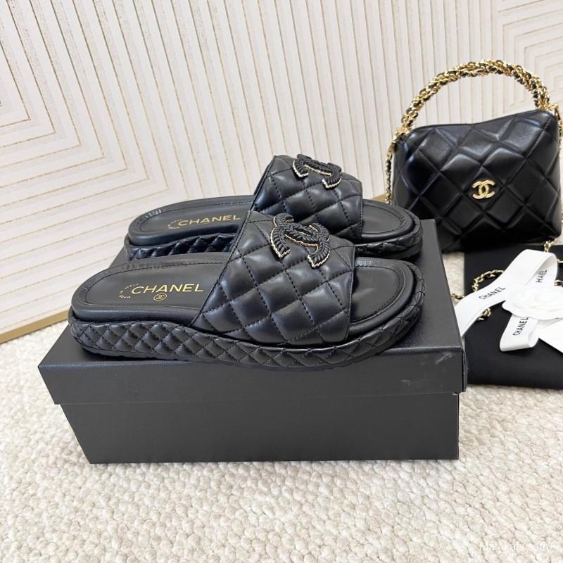 2025 Chanel Black Leather Slippers CC Stitching KFY00290