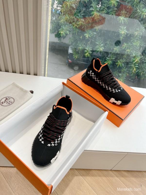 2024 Unisex Hermès Black Orange Calf Suede Knit Sneakers MJ00290(W/M)