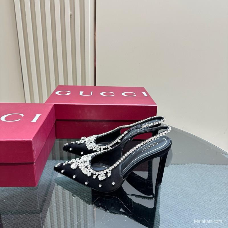 2025 Women Gucci Black Satin Slingback Heels Rhinestone MJ00340