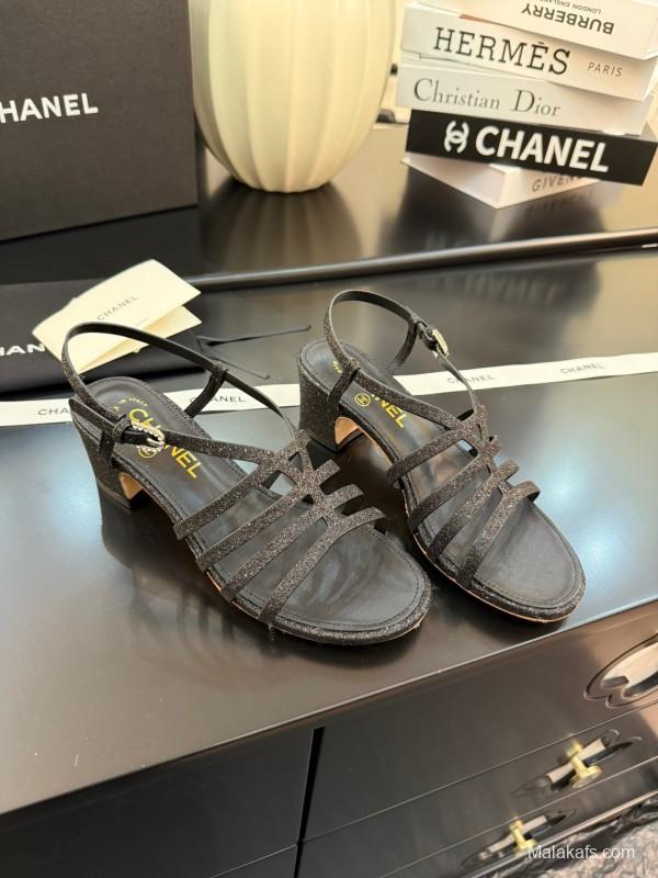 2025 Women Chanel Black Leather Sandals KFY00289
