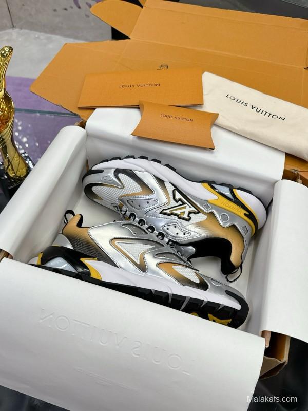 2025 Men Louis Vuitton Gradient Yellow White Leather Mesh Sneakers MJ00420