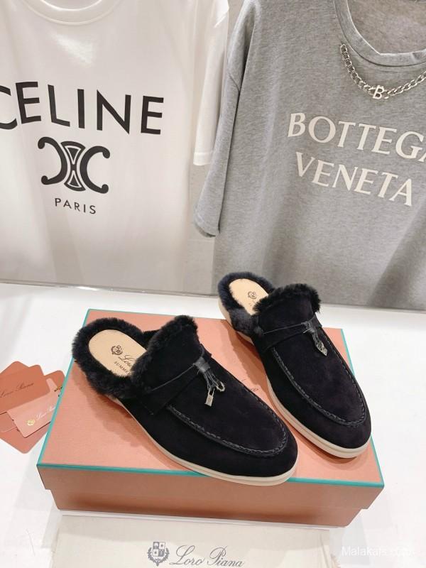 2024 Slippers LP Black Suede Shearling Loafers MJ00300