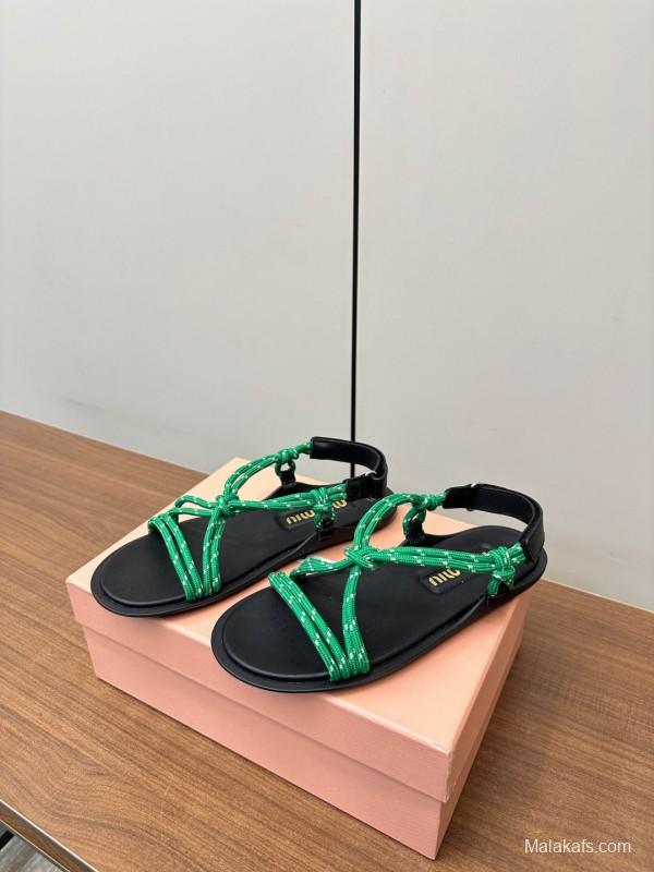 2025 Women Miu Miu Green Leather Sandals