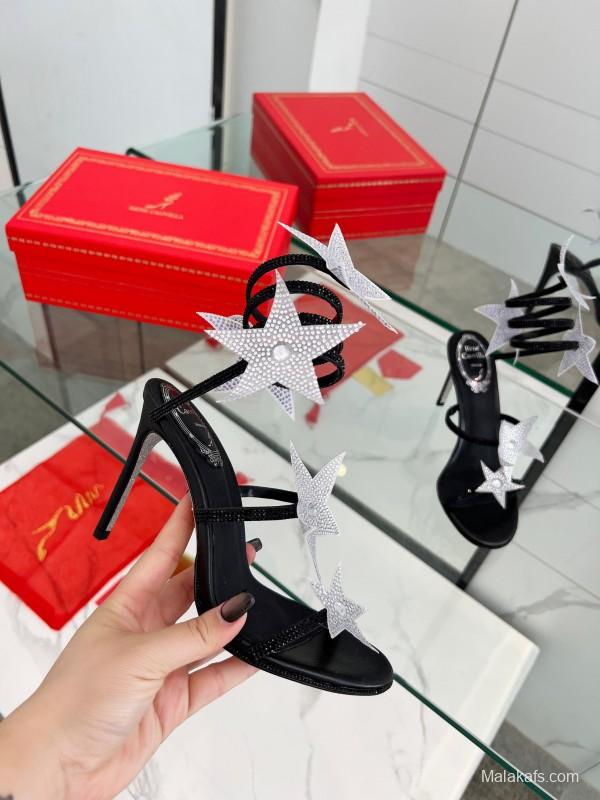 2025 Women RC Black Silk Crystal Star High Heel Sandals LY00340