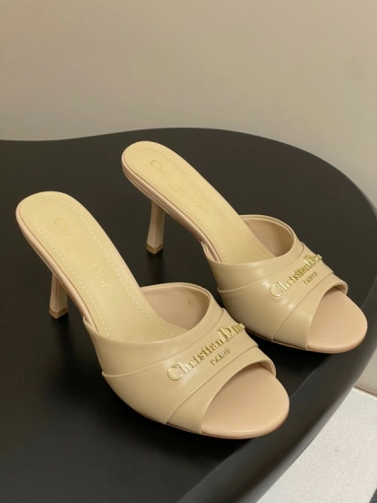 2025 Women Dior Beige Leather Heeled Slippers Christian Dior Logo