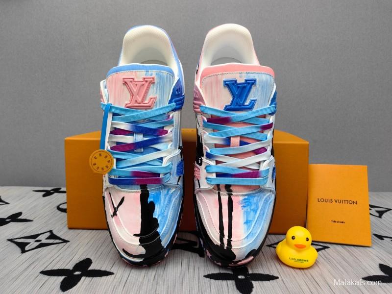 2025 Unisex Louis Vuitton Pink Blue Leather Canvas Plimsolls Hand Painted KFY00620