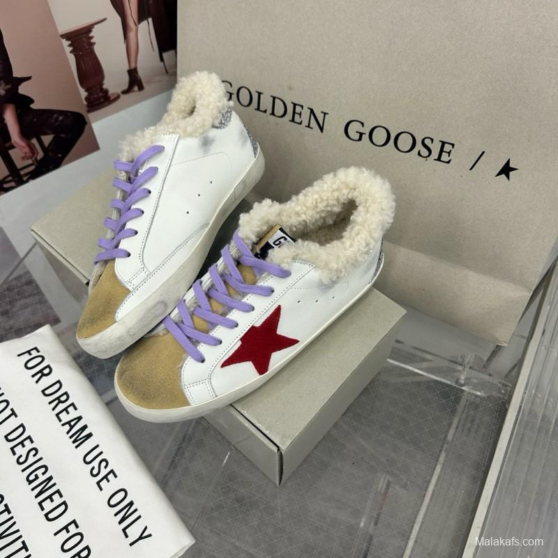2025 Women GGDB White Red Shearling Leather Sneakers