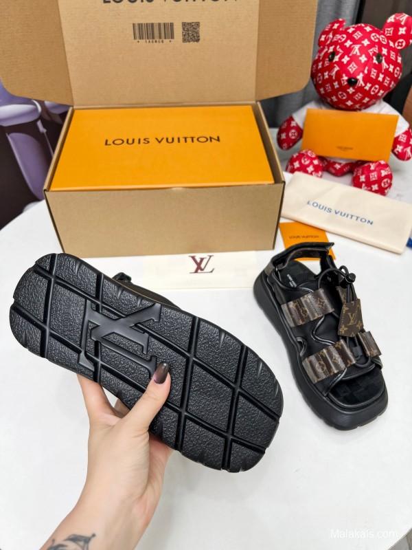2025 Women Louis Vuitton Black Brown Canvas Leather Sandals LY00310