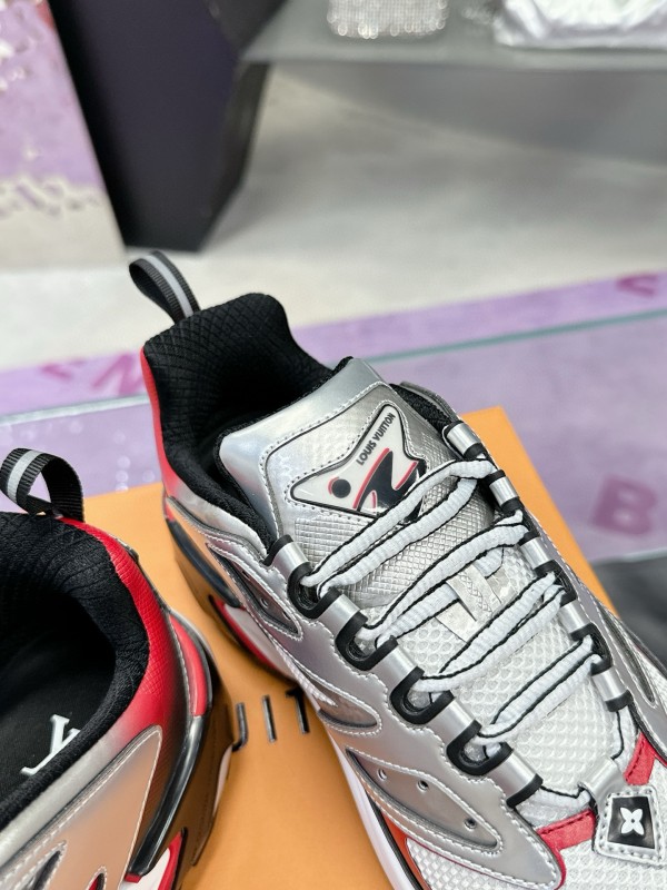 2025 Men Louis Vuitton White Red Black Leather Mesh Sneakers MJ00420