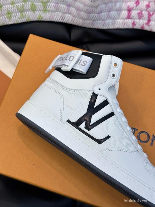2024 Men Louis Vuitton White Black Leather High-Top Sneakers MJ00420