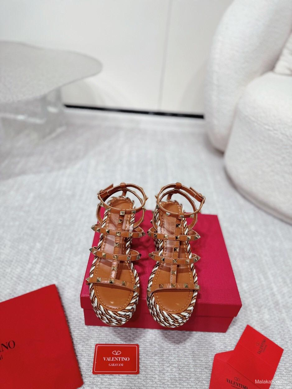 2025 Women Valentino Brown Leather Wedge Sandals Braided Cotton LY00290