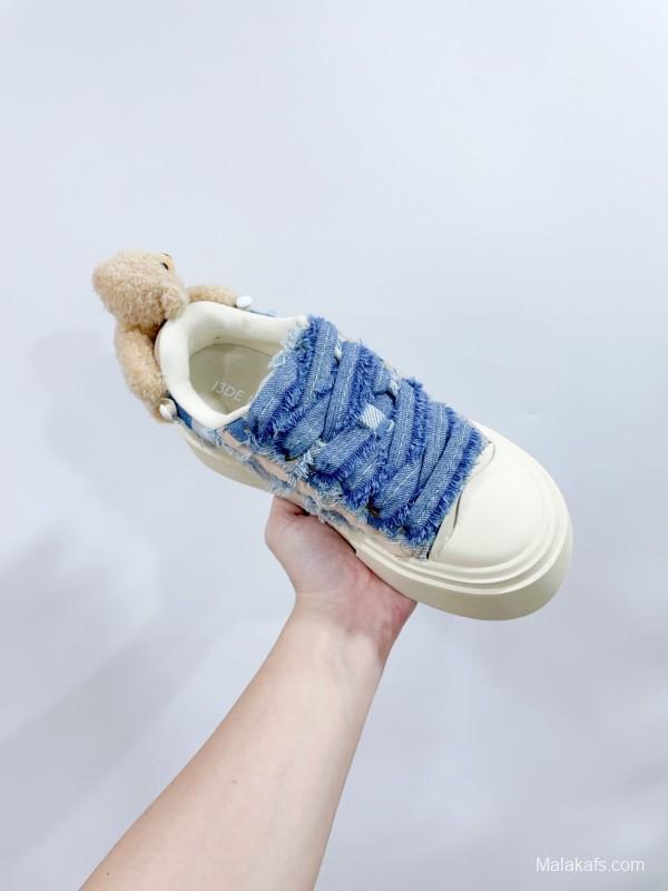 2025 Women 13DE MARZO Blue White Canvas Leather Casual Shoes Teddy Bear KFY00280