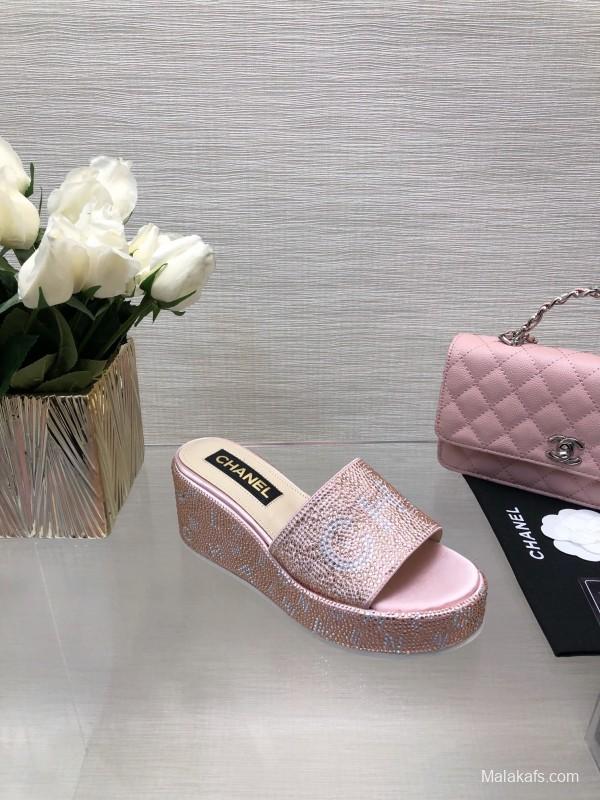 2025 Slippers Chanel Pink Rhinestone Platform Slip-On LY00320