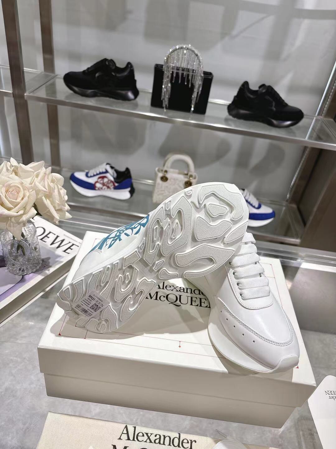 2025 Women Alexander McQueen White Blue Leather Sneakers LY00340