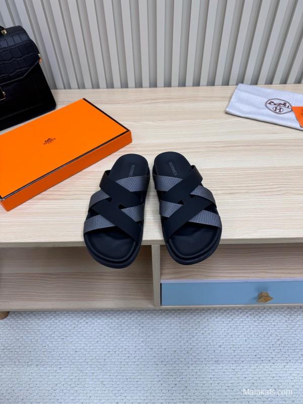 2025 Unisex Hermès Black Grey Leather Slippers