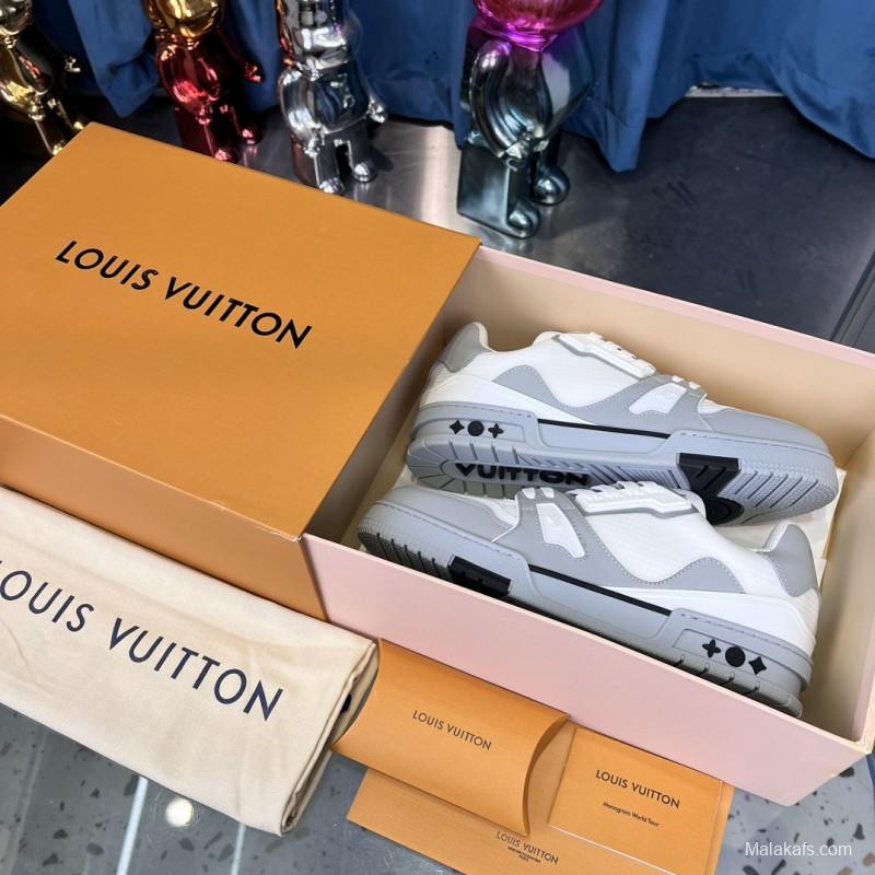 2025 Unisex Louis Vuitton White Grey Leather Mesh LV Trainer