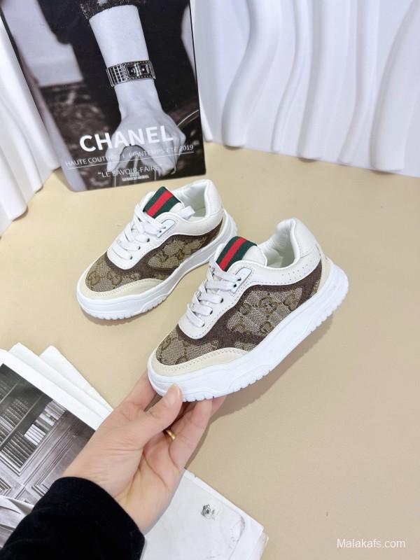 2024 Kids GUCCI Brown Beige White Leather Sneakers
