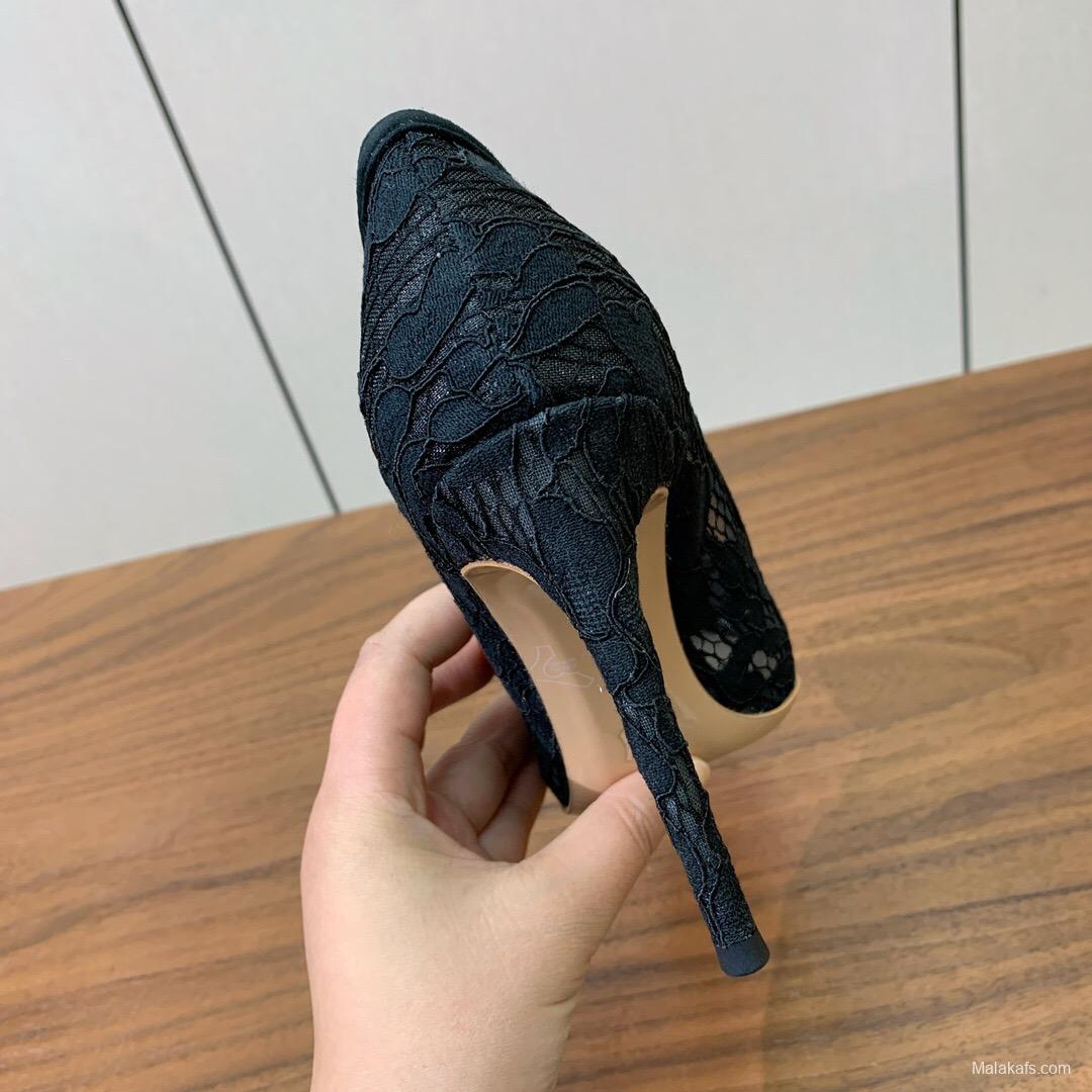 2025 Women Gianvito Rossi Black Lace Leather Pumps KFY00280