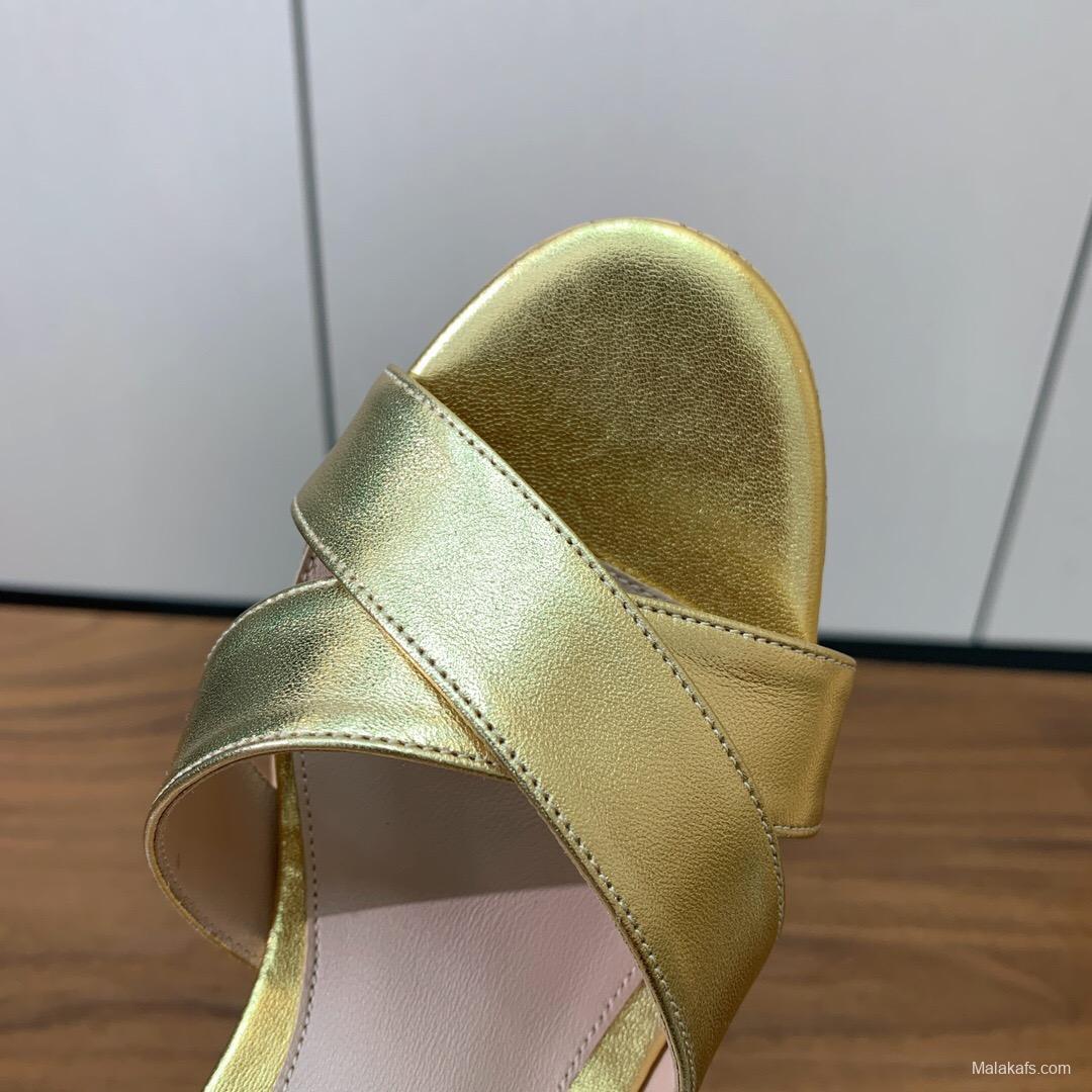 2025 Women Gianvito Rossi Gold Leather Platform Sandals KFY00320