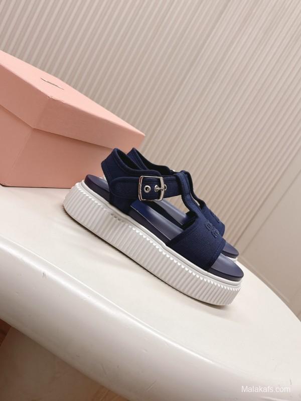 2025 Women Miu Miu Navy Canvas Sandals LY00420