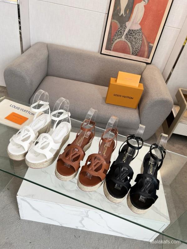 2025 Women Louis Vuitton White Leather Espadrille Wedge Sandals MJ00280